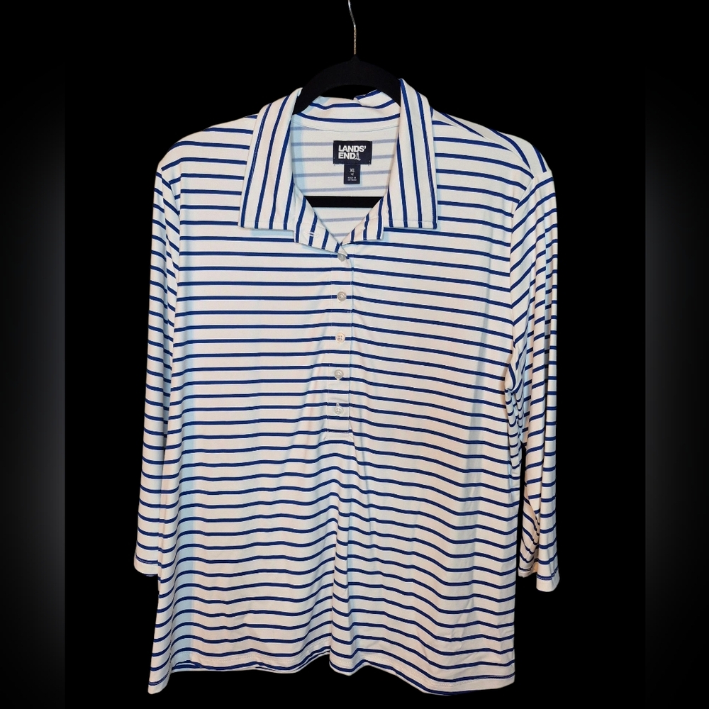 Lands' End Women's Performance Striped Polo in White and Royal Blue